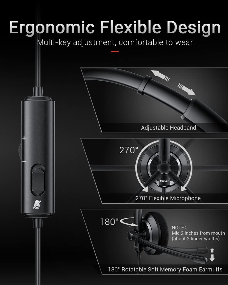 awatrue Wired Headset with Microphone for PC Laptop - 3.5mm Jack On Ear Headphones with Noise Cancelling Microphone for Boom Skype Webinars, in-line Control,Comfortable - Image 3